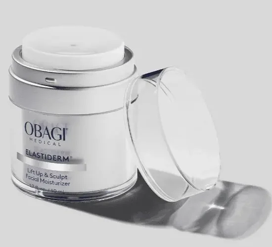 Obagi Elastiderm Lift Up & Sculpt Facial Moisturizer in a clear jar with a removable lid