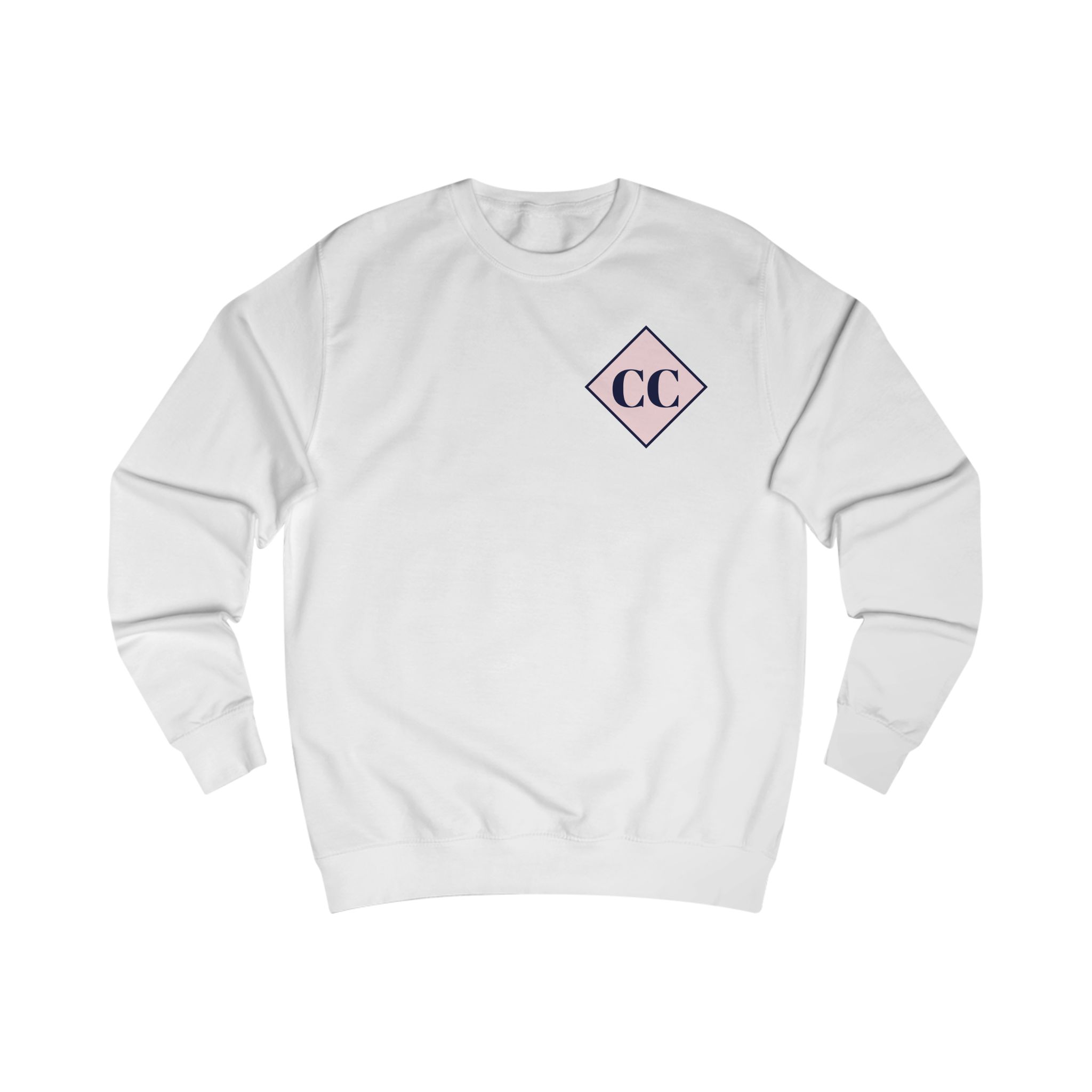 White sweatshirt with "CC" logo in pink diamond