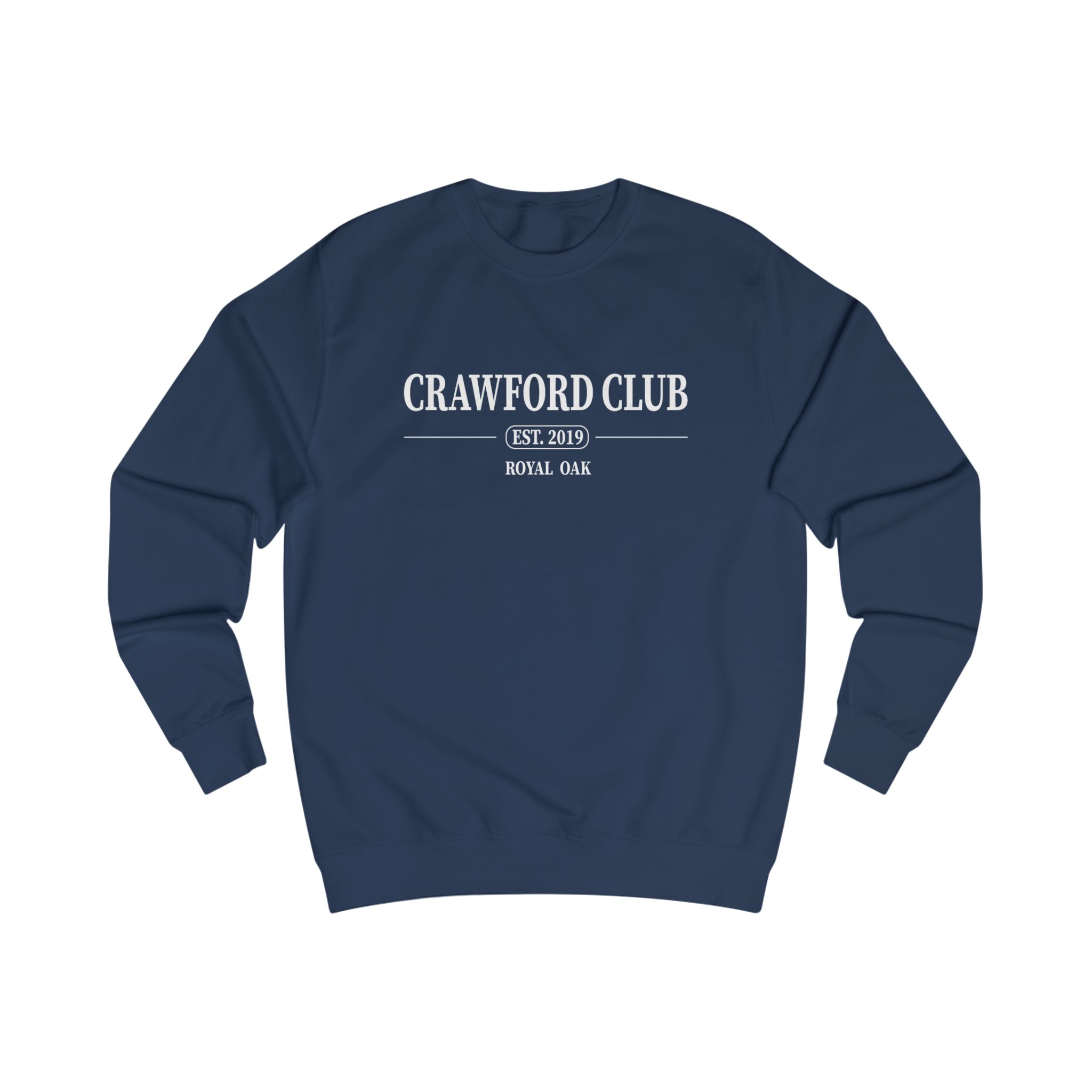 Navy sweatshirt with "Crawford Club" logo