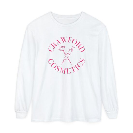 White long-sleeve T-shirt with Crawford Cosmetics pink logo