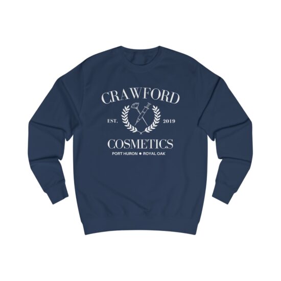 Navy Seal crewneck sweatshirt with pink Crawford Cosmetics logo and text