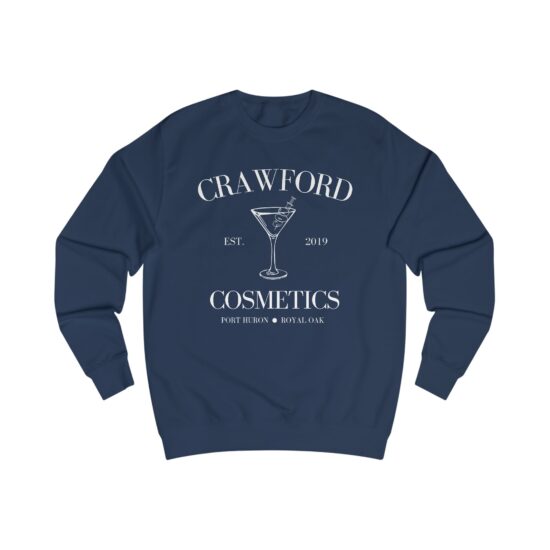 Navy Blue sweatshirt with 'Crawford Cosmetics' and a martini glass design