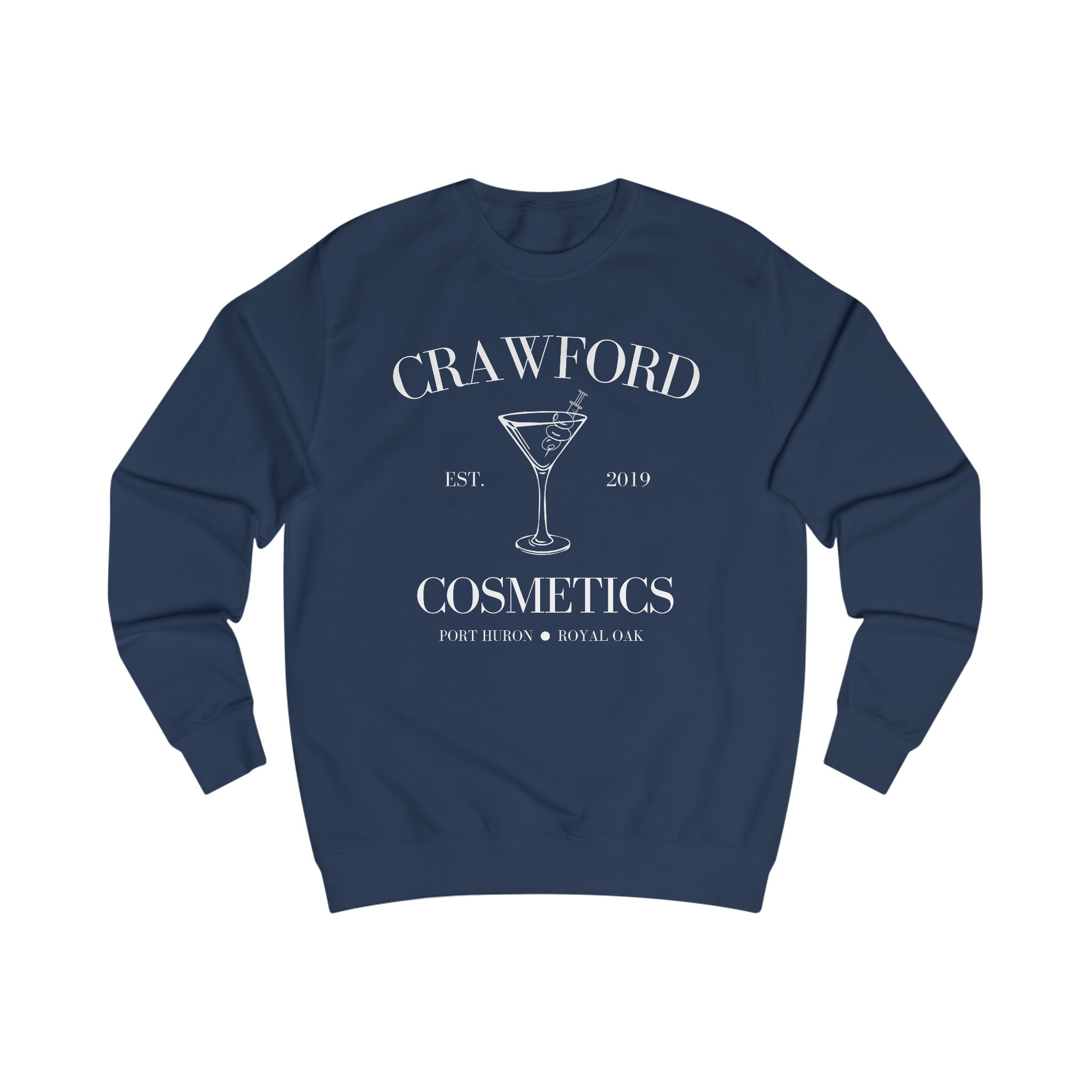 Navy Blue sweatshirt with 'Crawford Cosmetics' and a martini glass design