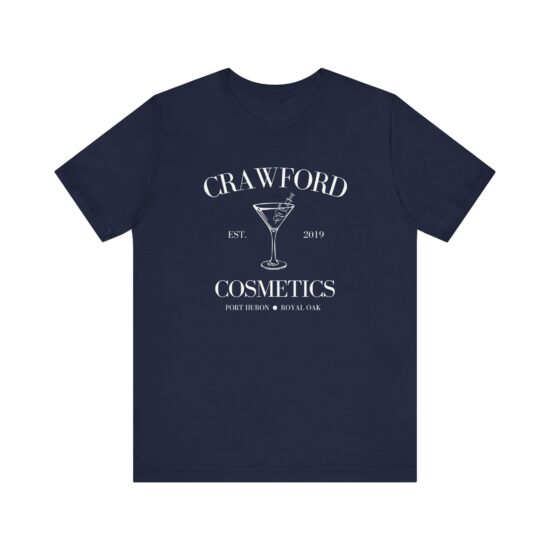 Navy Crawford Cosmetics T-shirt with martini glass logo